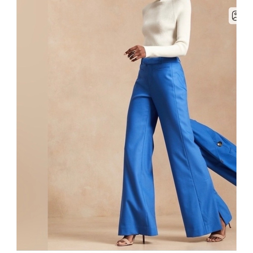 Banana Republic x Harbison Wide Leg Pant Womens 4 Blue Wool Blend Slit Hem Chic